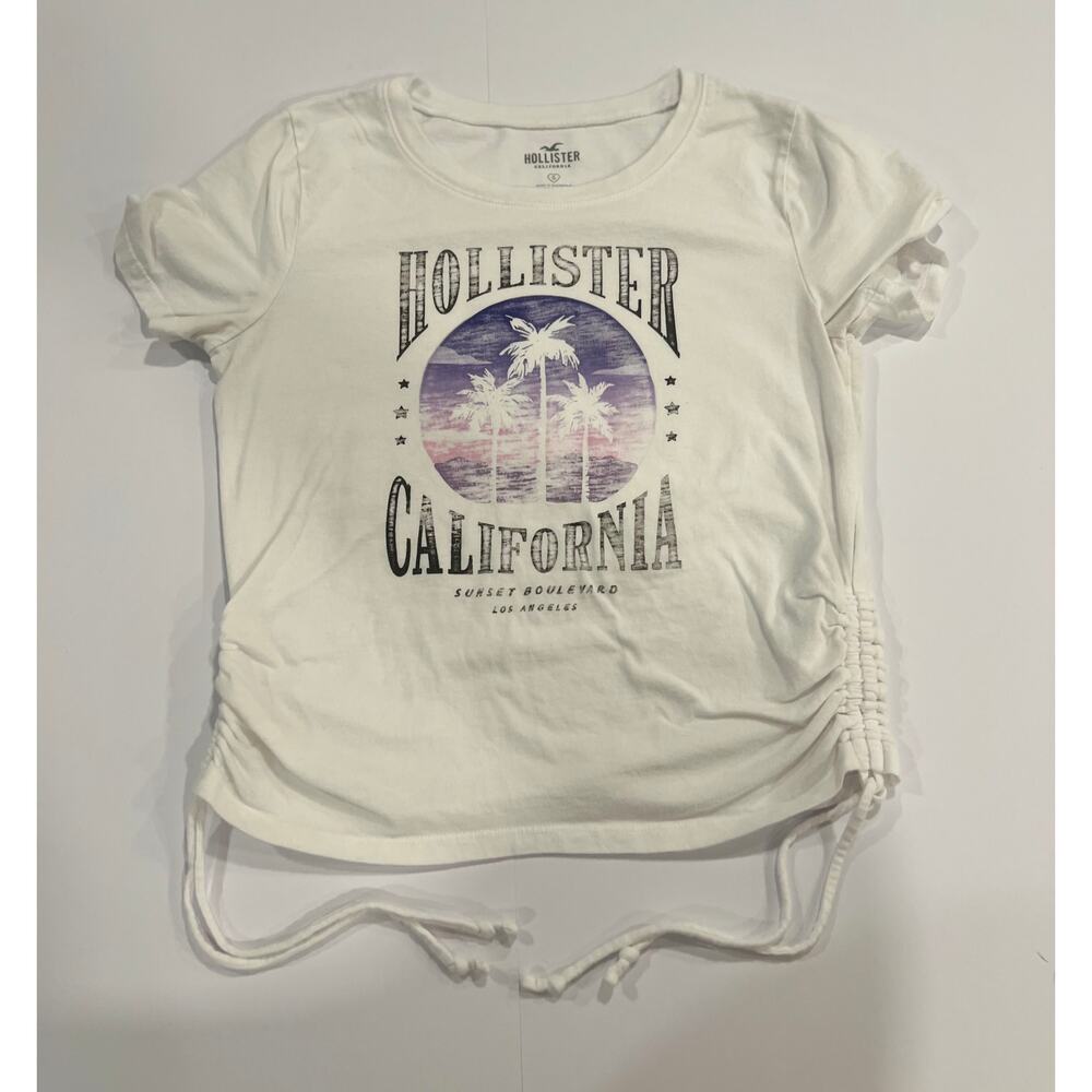 Hollister California Side Ruched Graphic Tee White Sunset Blvd Los Angeles Sz S